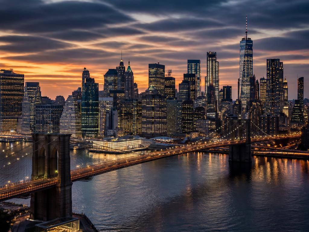 Skyline de Manhattan e a Ponte do Brooklyn ao anoitecer