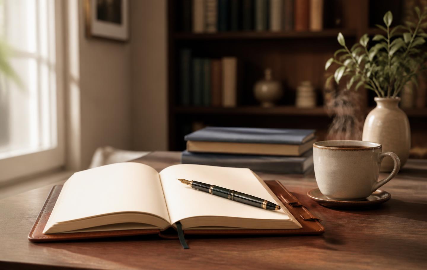 Espaço de estudo elegante com caderno, caneta e xícara de café em luz natural